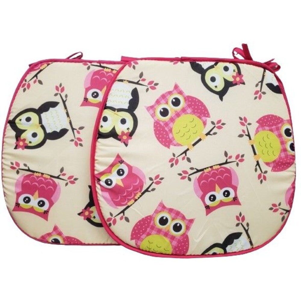 Set of 2 CHAIR PADS CUSHIONS with pink ties, 15x15", CUTE COLORFUL OWLS, BH